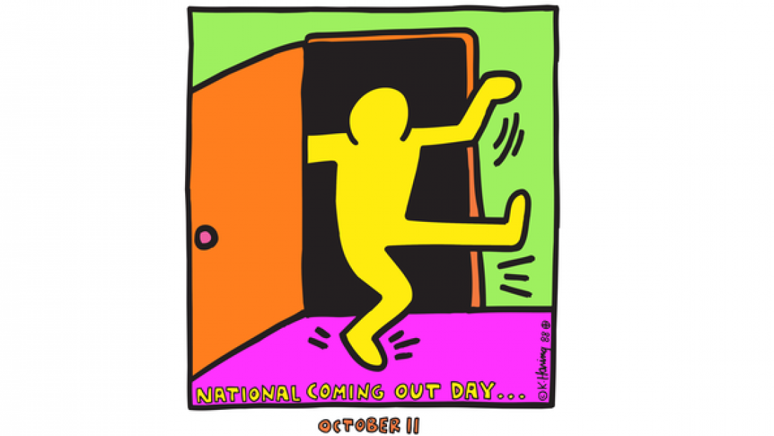 לוגו "יום היציאה מהארון". עיצוב: קית' הרינג